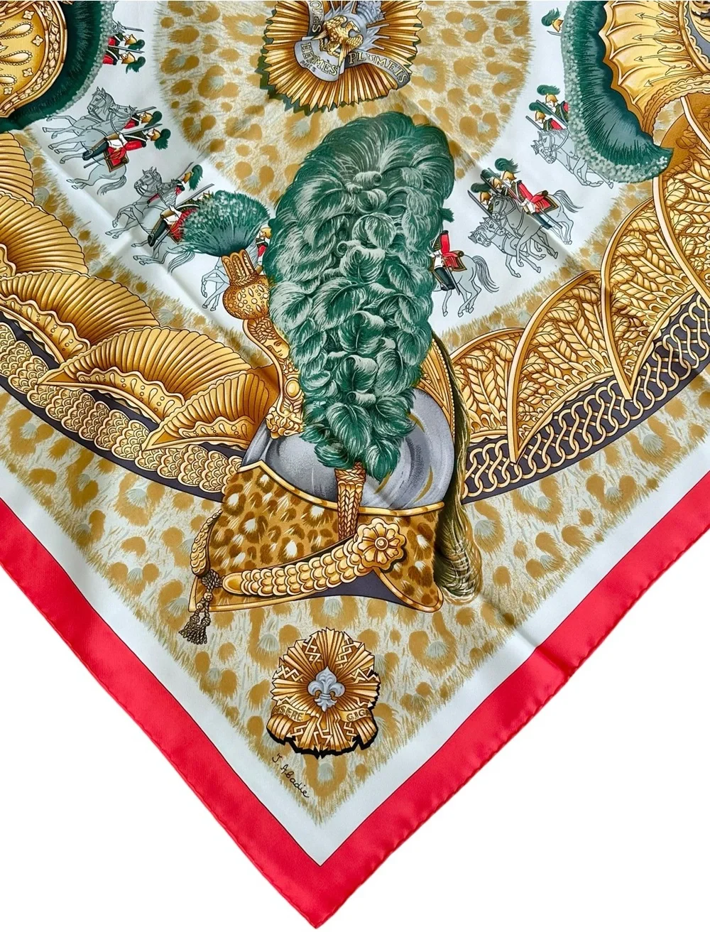 Hermes 100% Silk “Casques Plumets” Carre 90 Coral Pink & Gold Large Square Scarf - Picture 8 of 16